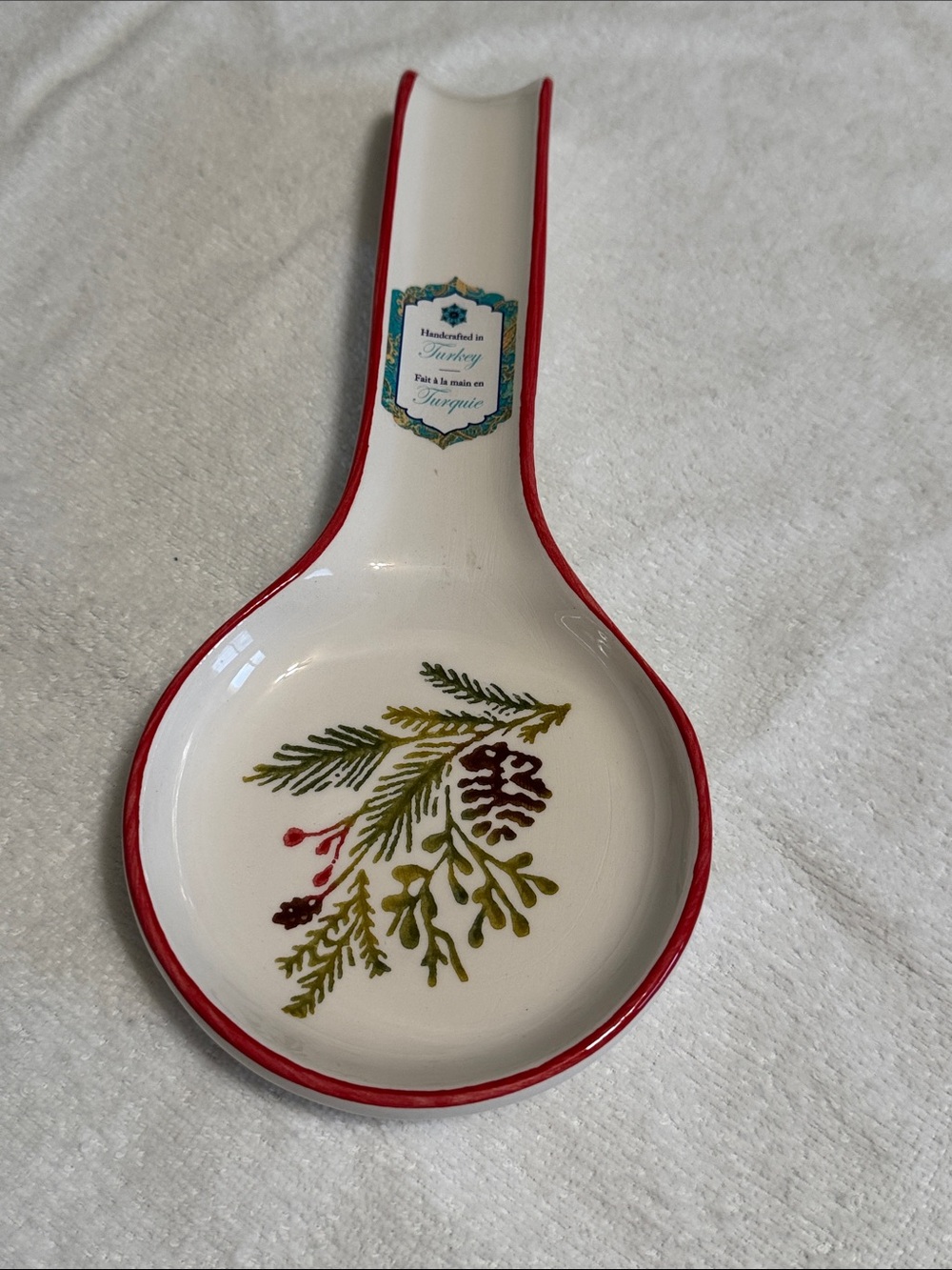 Ceramic Spoon Rest with Pinecone Motif - White and Red PPC38